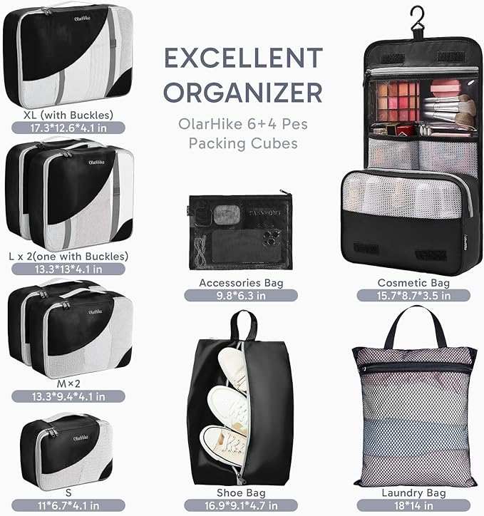 10 Set Packing Cubes for Travel, Gifts for Women Mom,Anti-Tearing Suitcase Organizer for Luggage with Shoe & Hanging Toiletry Bag,OlarHike Vacation Essentials & Accessories for Cruise Ship