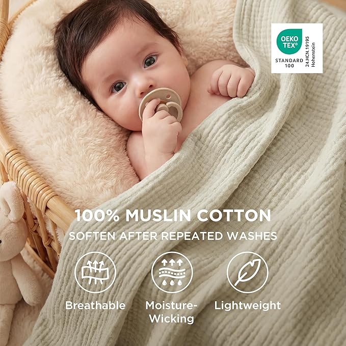 Bedsure 100% Cotton Muslin Throw Blanket Twin XL for Bed - 4-Layer Breathable and Lightweight Thin Soft Summer Gauze Muslin Blankets for Adults, Linen Beige, 66x90 Inches