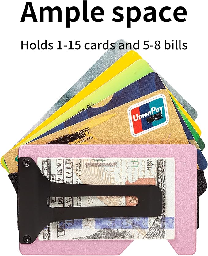 Carbon Fiber Minimalist Wallet for Men Credit Card Holder Money Clip & Cash Strap Slim RFID Mens Wallets(Matte Pink)