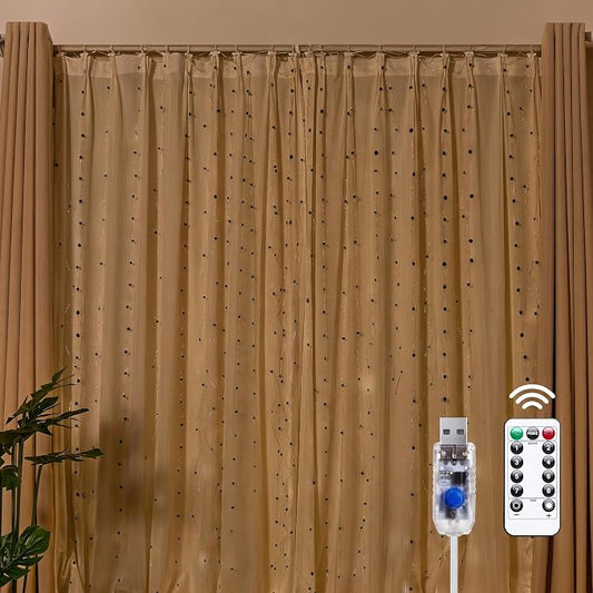 Brightown 300 LED Fairy Curtain Lights, Curtain String Lights | USB Plug in 8 Lighting Modes Christmas Decoration, Hanging Lights with Remote for Bedroom Indoor Weddings Dorm Black 2 Pack