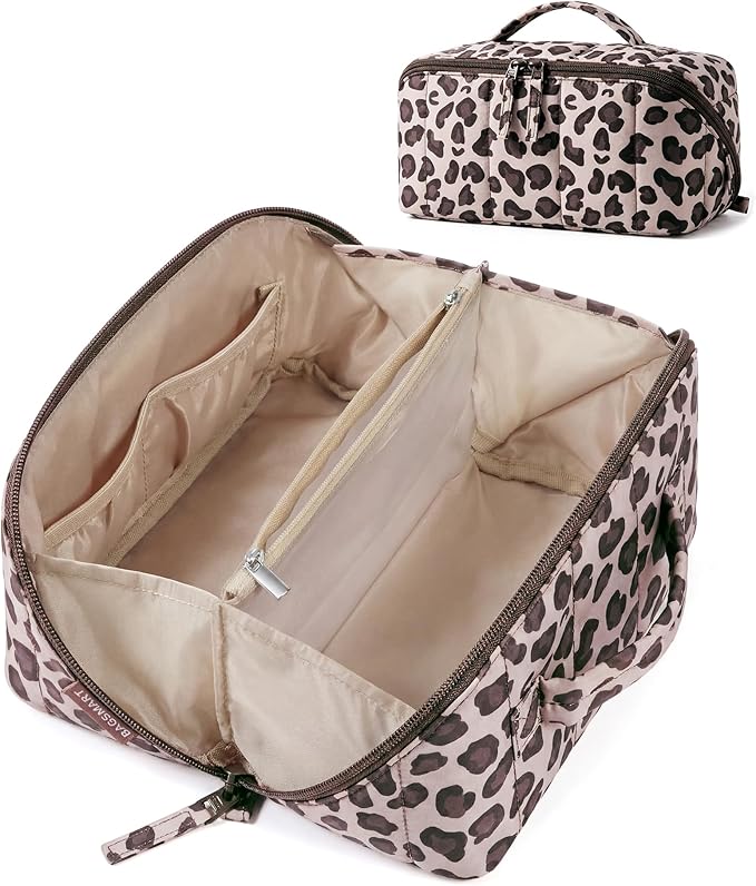 BAGSMART Travel Makeup Bag for Women, Portable Water-resistant Cosmetic Case, Puffy Padded Make Up Organizer Pouch, Open Flat Toiletry Bag for Toiletries, Brushes, Leopard