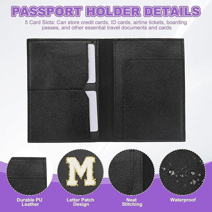 PATIKIL Passport Holder for Travel, Initial Passport Cover and Luggage Tag Set with Alphabet Chenille Letter Patch Travel Wallet Bag Suitcase Identifier for Women Family Travel Black M