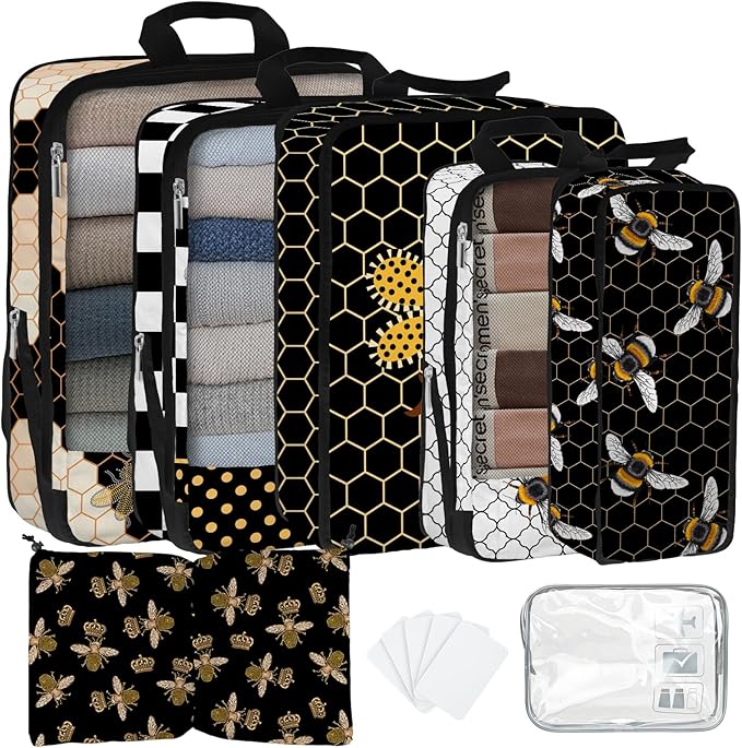 7 Pcs Compression Packing Cubes for Travel, Waterproof Suitcase Luggage Backpack Organizer with Toiletry Bag Travel Essentials for Women/Men-Bees