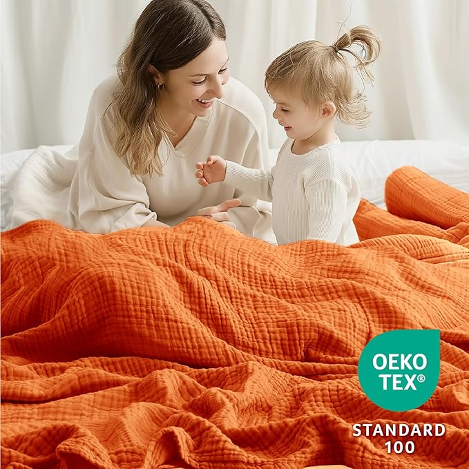100% Cotton Muslin Blanket King 108" x 90", 6 Layers Breathable and Lightweight Cotton Throw Blankets for Bed, Soft Cooling Summer Gauze Blanket for Adults All Season, Orange