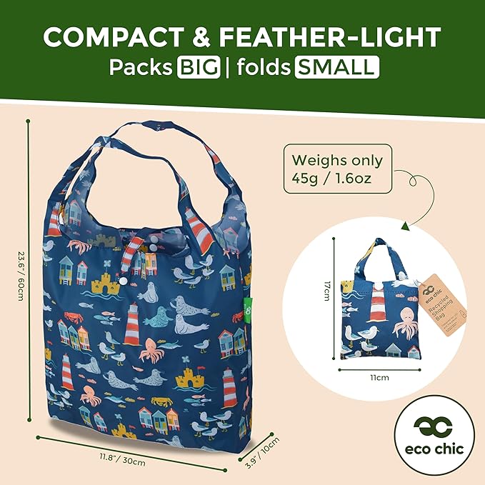 ECO CHIC Foldable Reusable Grocery Bags - Lightweight, Recycled & Reusable Shopping Bag - Waterproof Packable Tote