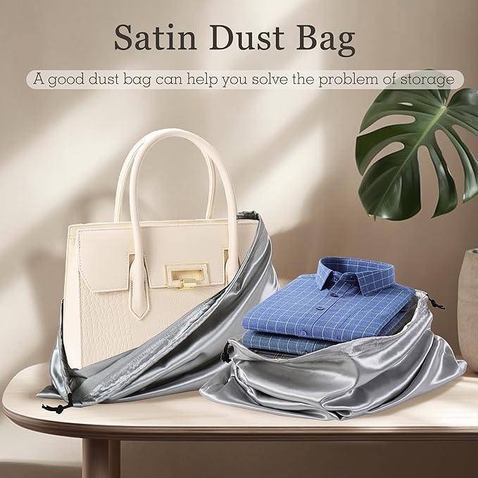 Vonty 3 Pack Silky Dust Bags for Shoes and Purses, Satin Drawstring Bag for HandBags Boots - Grey Shoe Bag Silk Dust Cover Bag Protector Travel Storage Pouch(23.6 x 19.6 In)