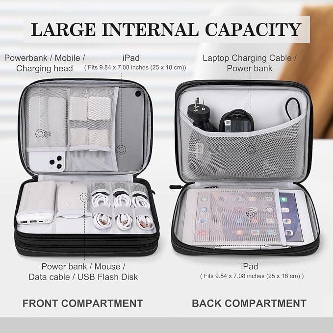 FYY Electronic Organizer, Extra Large Travel Cable Organizer Bag Pouch Portable Waterproof Double Layers All-in-One Storage Bag for iPad, Cable, Power Bank, Laptop Charger for Office/Home, Black