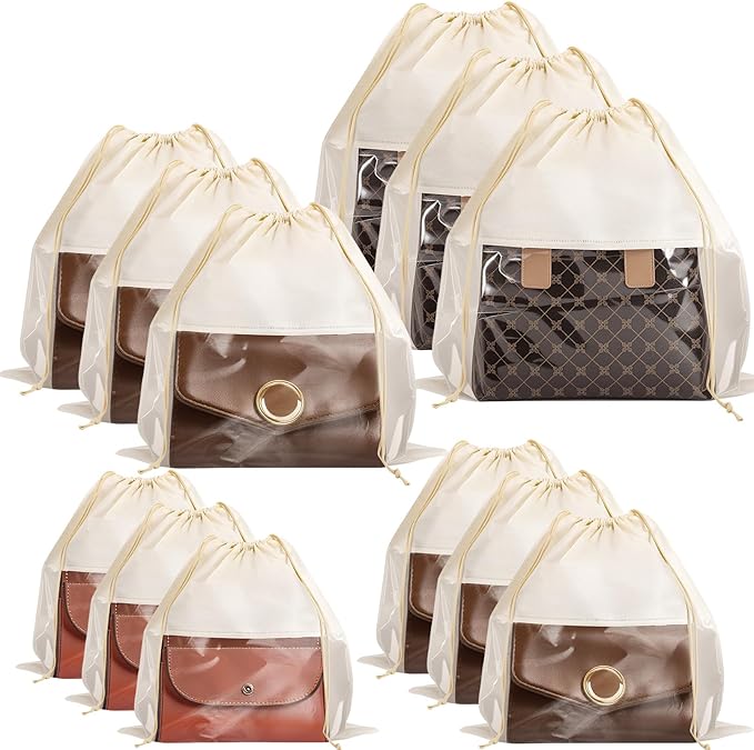12 Pcs Shoe Bags for Travel, Dust Bags for Handbags, Dustproof Drawstring Bags in 4 Size, Breathable Non Woven Fabric Storage Bag for Handbags Shoes Purses, Beige