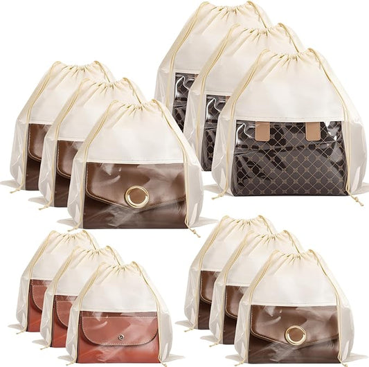 12 Pcs Shoe Bags for Travel, Dust Bags for Handbags, Dustproof Drawstring Bags in 4 Size, Breathable Non Woven Fabric Storage Bag for Handbags Shoes Purses, Beige