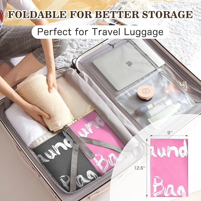 2 Pack XL Travel Laundry Bags for Dirty Clothes - Extra Large Heavy Duty Drawstring Laundry Bag Holds 4 Loads - Cruise Ship, Camping, Road Trip, Vacation Essentials Must Haves 2025 (Pink + Gray)