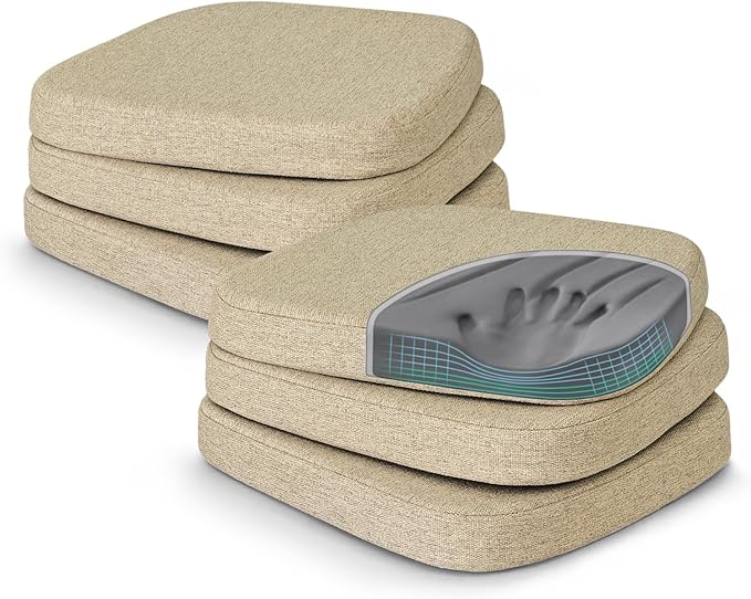 Shinnwa Dining Chair Cushions Set of 6, Patented Design Memory Foam Seat Cushions with Ties and Washable Cover, 6 Pack, 17" x 16" x 2", Natural Linen