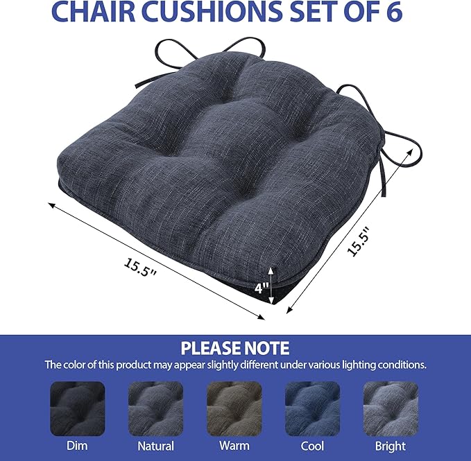 Chair Cushions for Dining Chairs Set of 6, Kitchen Chair Cushions, Chair Pads with Ties and Non Slip Backing, Tufted Memory Foam Seat Cushion 6 Pack, 15.5" x 15.5" x 4", Navy Blue