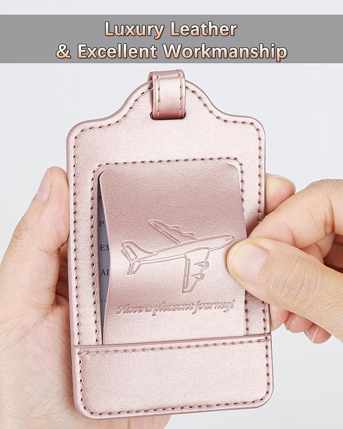 3 Pack Luggage Tags - Quick Install, Privacy Protection, Airplane Travel Essentials for Suitcases, Durable Leather - Rose Gold
