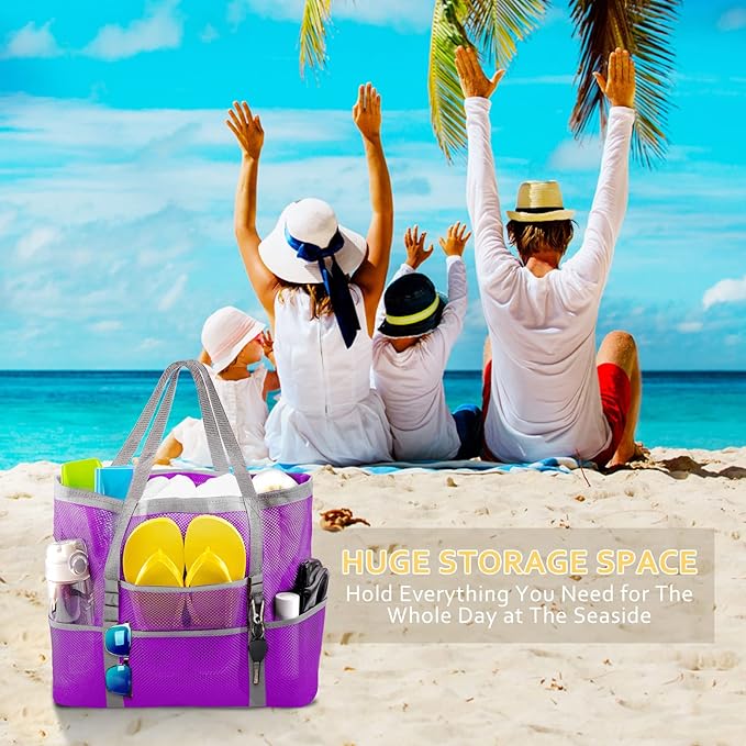 SRISE Mesh Beach Bag - Large Beach Tote Bag for Family Beach Bag for Toys & Vacation Essentials