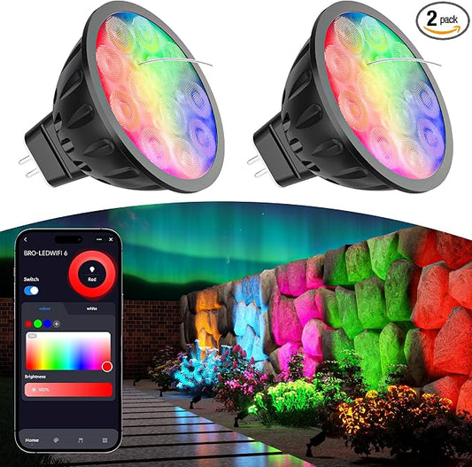 Smart MR16 Bulb, 12V WiFi MR16 LED Bulb RGBW Color Changing 2pcs | MR16 Landscape Light Bulbs, Dimmable & Multicolor, RGBCW CCT Tunable 2700K-6500K, GU5.3 Bi-pin Base, Memory Function