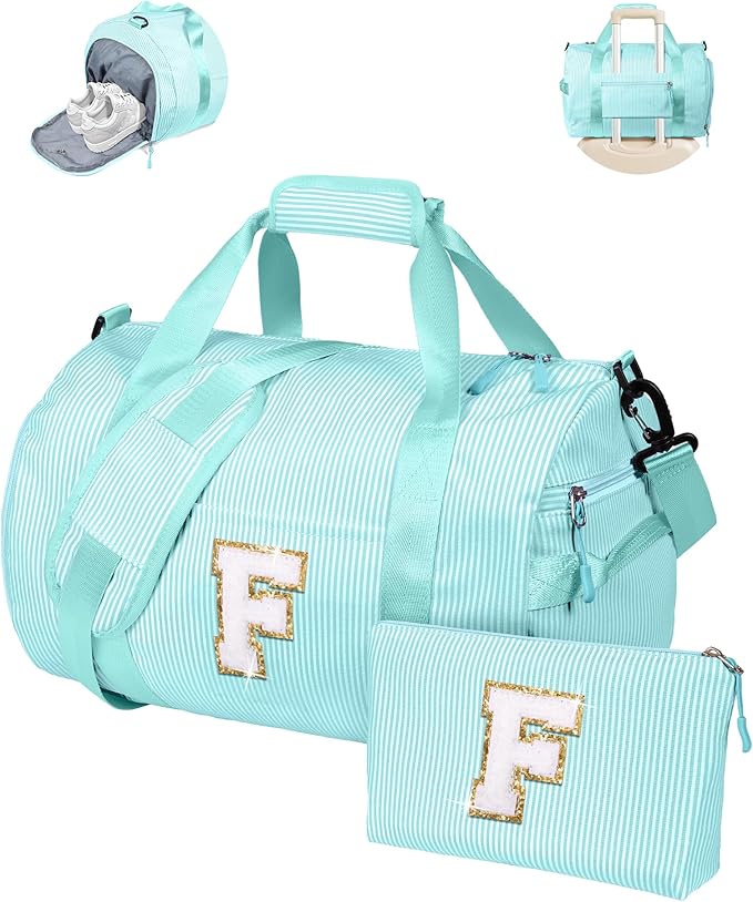 Trip Essentials for Teens, Girls Travel Duffle Bag, Kids Initial Overnight Bags with Shoe Compartment, Personalized Weekend Bag with Cosmetic Pouch, Trendy Stuff Gifts (Letter F)