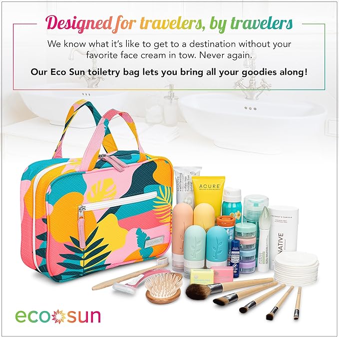 Eco Sun Hanging Travel Toiletry Bag — Designed in Hawaii — Water-resistant Travel Organizer for Bathroom Accessories (Tropical Vacay)
