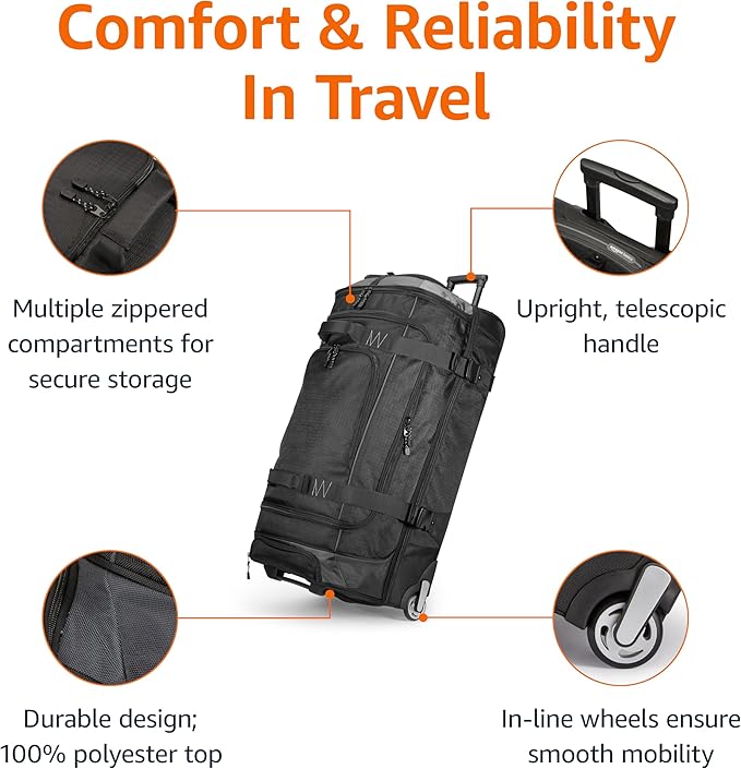 Amazon Basics 30-Inch Large Rolling Duffel Bag with Wheels and Handle, Durable Ripstop Polyester, 2 Layers of Space, Multiple Interior and Exterior Pockets, Black
