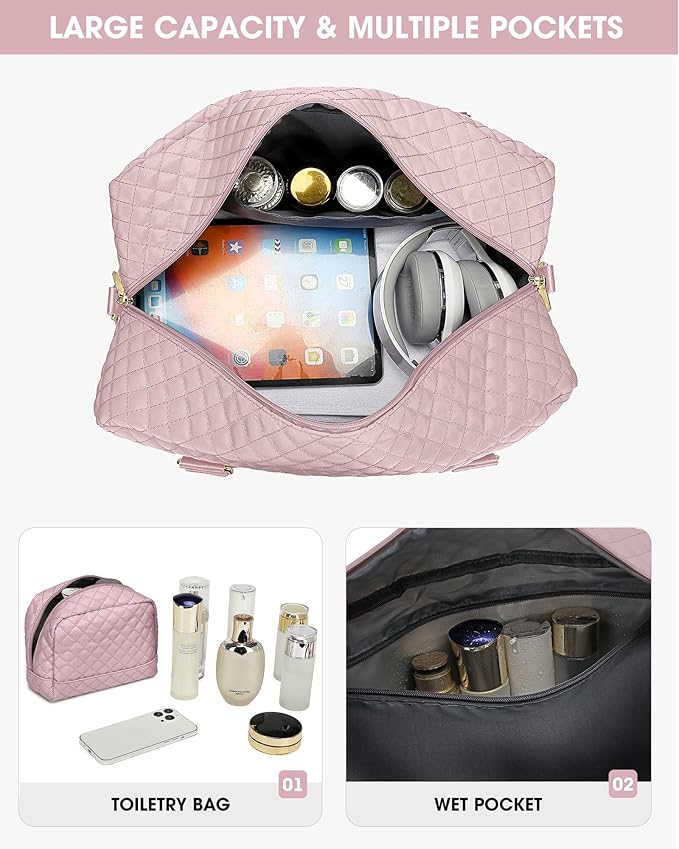 Weekender Travel Duffle Bag for Women: Overnight Bags with Shoe Compartment Carry on duffel Bag for Airplanes with 2 PCS Toiletry Bags Weekend Yoga Gym Hospital Bag with Wet Pocket Pink