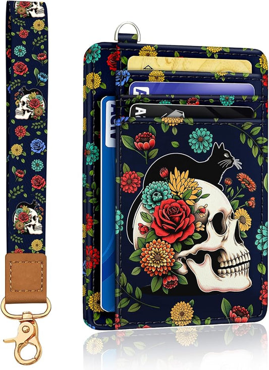 Yonlevres Skull Cat Credit Card Holder Slim Wallet, RFID Wallet Women Front Pocket Wristlet Lanyard, Small Card Holder Travel Funny Cute Thin Card Case ID Window PU Leather Card Organizer Gifts Girls