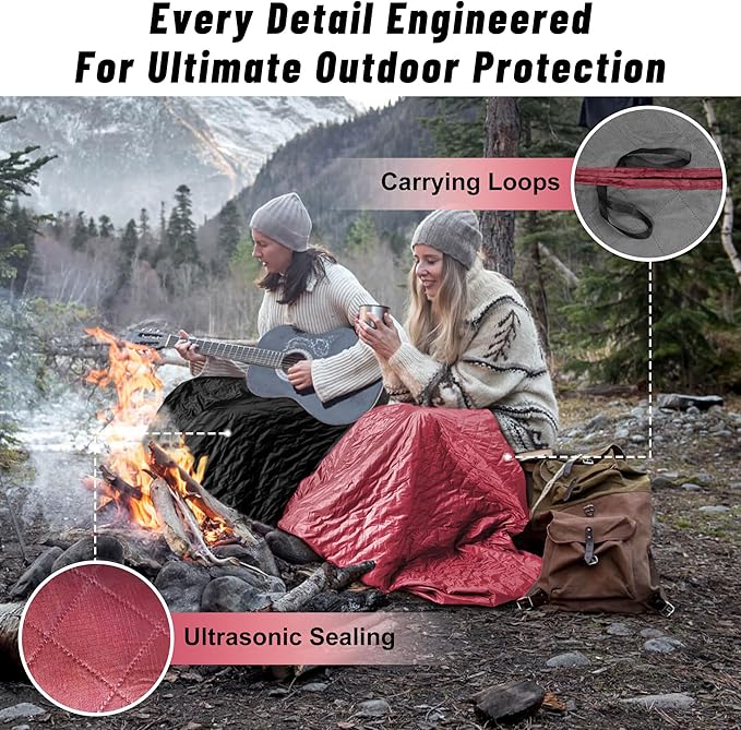 Waterproof Outdoor Blanket 82”X 55” Packable, Stadium Blankets for Camping with Sherpa Fleece Lining, Large Windproof Emergency Throw Mat for Garss Picnic Hiking Road Trip, Machine Washable, Wine