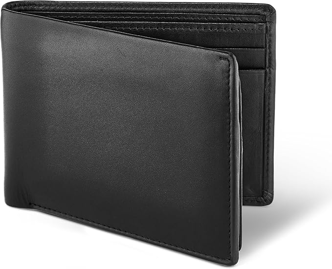 BULL GUARD Mens RFID Blocking Bifold Wallet Smooth Soft Nappa Top Grain Leather, Secure and Durable Extra Capacity Billfold with 11 Credit Card Slots, Tight Stitching, Quick Thumb Push Access, No Logo