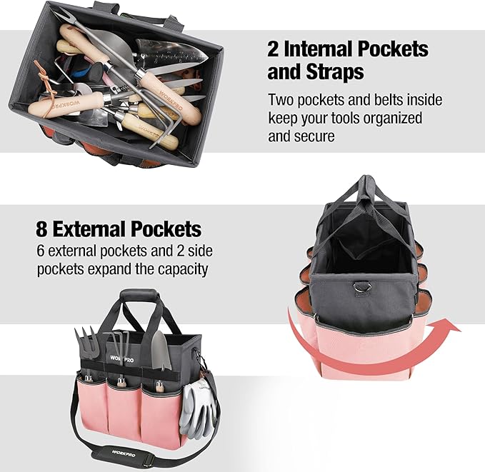 WORKPRO Garden Tool Bag, Heavy Duty Gardening Tote Bag Organizer with 10 Pockets and Long Adjustable Shoulder Strap, Standable Garden Home Tool Kits Organizer, Pink - Pink Ribbon