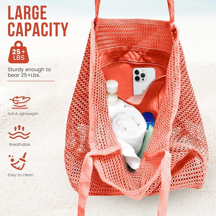 Beach Bags for Women, Summer Travel Mesh Tote Bag with Large Inner Pocket, Sandproof Woven Shoulder Handbag