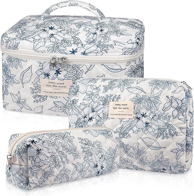 Quilted Makeup Bag Set, Large Floral Cosmetic Bag for Women, Cute Cotton Makeup Bag, Flower Travel Toiletry Organizer Bag. (Navy Blue)