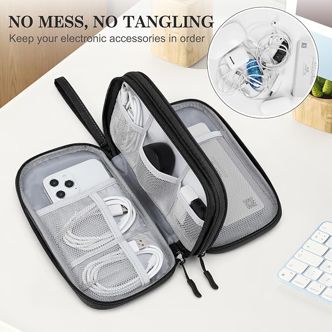 FYY Electronic Organizer, Travel Cable Organizer Bag Pouch Electronic Accessories Carry Case Portable Waterproof Double Layers Storage Bag for Cable, Cord, Charger, Phone, Earphone, Medium, Black