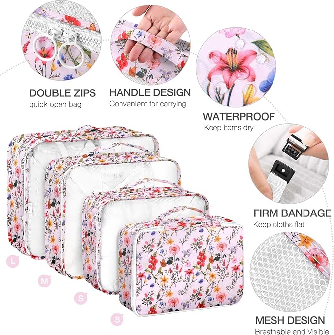 8 Set Packing Cubes for Suitcases, Packing Cube with Shoe, Cosmetics, Clothing, and Accessories Bags for Travel Luggage Organizer Women Men(Retro Flowers)