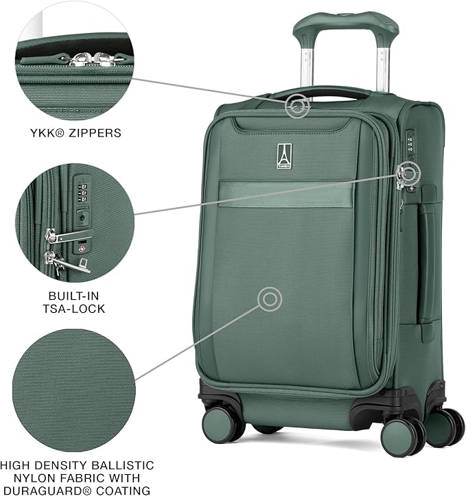 Travelpro VersaPack+ Lightweight Softside Expandable Carry on Luggage, 8 Spinner Suitcase, TSA Lock, Men and Women, Compact Carry On 20-Inch, Desert Sage Green