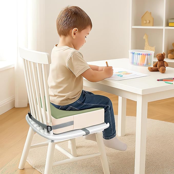 Toddler Booster Seat Dining Table Kitchen Chair, Waterproof Anti-Scratch PU Cushion, Non-Slip Bottom, Adjustable Buckle Straps, Easy Clean Portable Seat Cushion (Green)