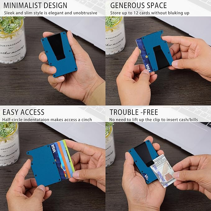 Minimalist Carbon Fiber Wallet for Men, Money Clip Cash Strap Wallet, RFID Blocking Metal Wallet Aluminum Card Holder,Front Pocket Wallet(Matte Blue)
