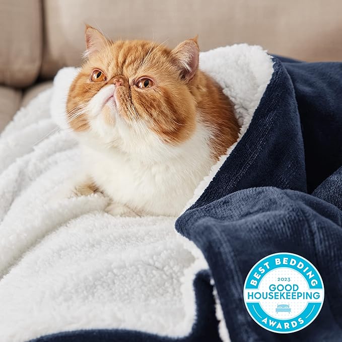 Bedsure GentleSoft Sherpa Fleece Throw Blanket for Couch, Non-Heated, Thick and Warm Throw for Women and Men, Soft Fuzzy Plush Weight Blanket for Winter, Navy, 50x60 Inches
