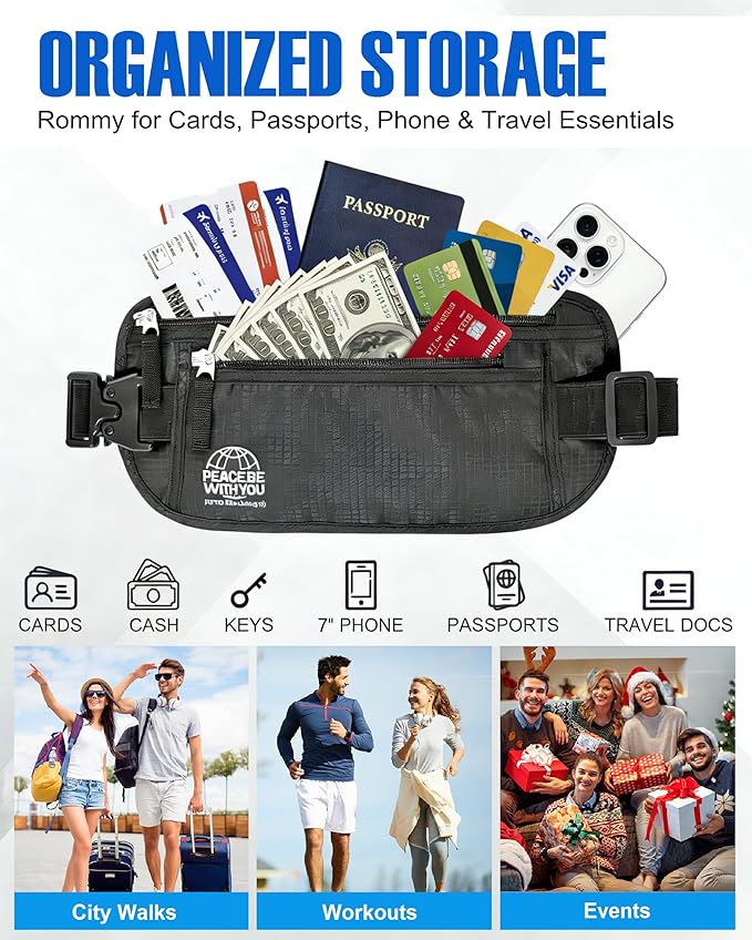 Hidden Money Belt for Travel, RFID Blocking, Sweat-Proof, Heavy-Duty Buckle, 3rd Gen Waist Wallet Anti Theft to Protect Cash, Credit Cards and Documents Under-Clothes for Men & Women, Black