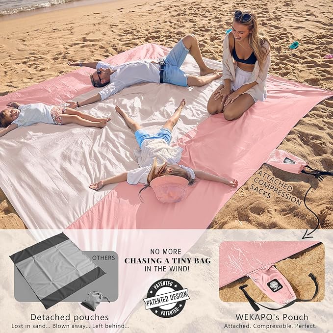 WEKAPO Beach Blanket Sandproof Waterproof, Extra Large Beach Mat, Oversized & Compact Sand Free, Quick Drying Beach Essentials for Vacation, Cruise, Picnic & Camping with Stakes