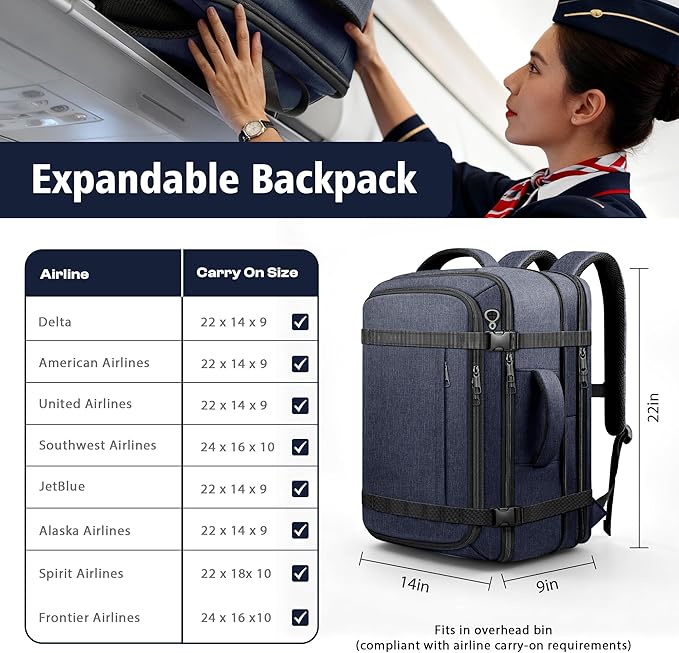 Travelability Carry On Backpack,Expandable 1-7 DAYS Roomy Travel Backpack with USB Cable Port,Anti Theft Water Resistant Fits 18.4"Laptop Large Business Backpack for Men Women,Flights Approve,Blue
