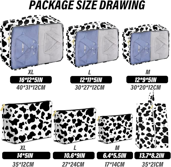 7 Set Packing Cubes Travel Luggage Organizers for Suitcase Travel Accessories with Shoe Bag for Women Girls Aesthetic Cute-Black White Cow Pattern