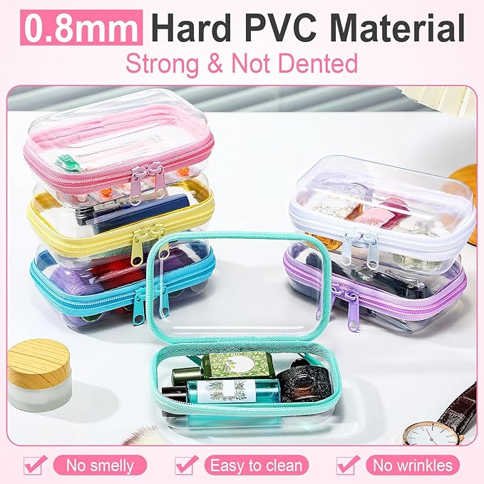 Sanwuta 6 Pcs Clear Hard Zipper Case Plastic Zipper Pouches Transparent Makeup Bag Pencil Case Pouches Toiletry Diaper Bag for Travel Toy Storage Organizer Bins(Colorful,5 x 3 x 2 Inch)