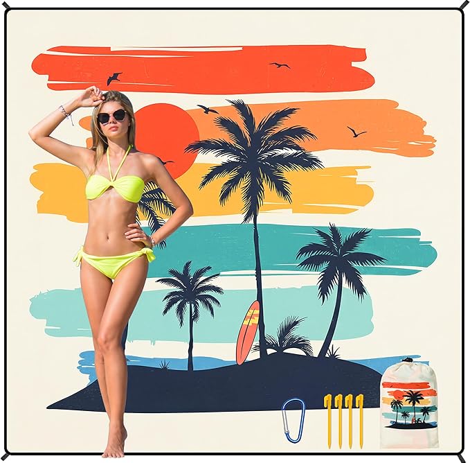 HIHOHO Beach Blanket Waterproof Sandproof Beach Mat 79”x 83” for 1-8 Adults Quick Drying Durable Outdoor Picnic Mat for Beach Festival Travel Camping Hiking (Rainbow Cocotree-YL, 79"×83"(4 Person))