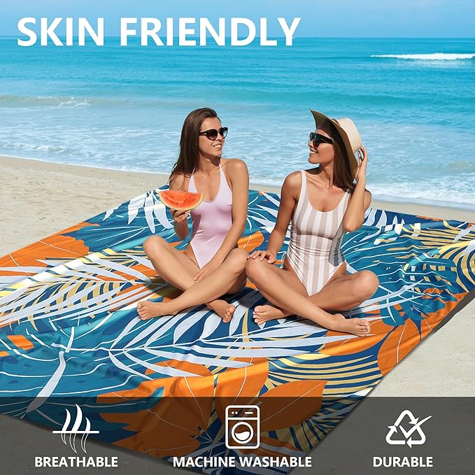HIHOHO Beach Blanket Waterproof Sandproof Beach Mat for 1-8 Adults Quick Drying Durable Outdoor Picnic Mat for Beach Festival Travel Camping Hiking (BK&GN&O-Palm, 79"×83"(4 Person))