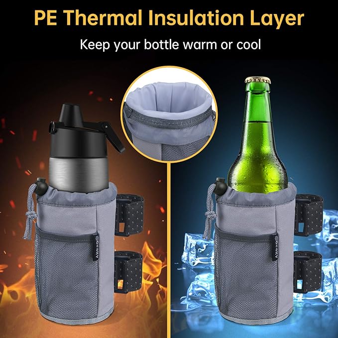 GEARV 2Pack Cup Holder for Bike, Scooter and Wheelchair, Water Bottle Holder for UTV/ATV, Walker, Golf Cart and Beach, Universal Drink Holder Accessories with Net Pocket and Cord Lock (Gray)