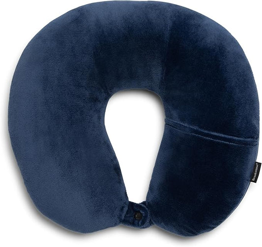 Brookstone Microbead Travel Head and Neck Pillow Lightweight and Plush with Phone or Headphone Pocket, Blue