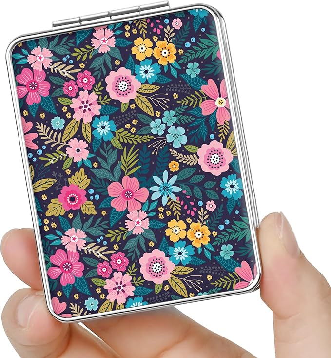 Pocket Mirror, Small Travel Mirror with Magnification, Portable Double-Sided Magnifying Cosmetic Mirror for Daily (Flower)