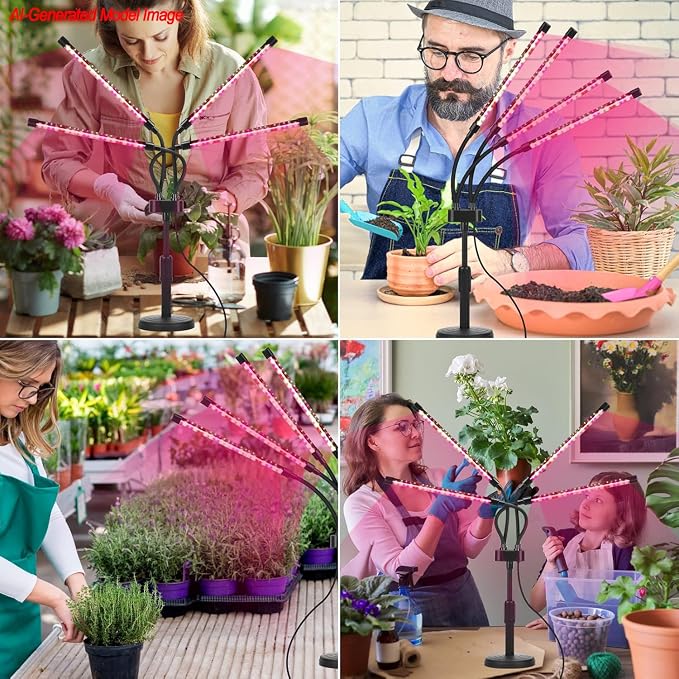 SYEIORAOM Grow Lights for Indoor Plants, Four Head LED Grow Light with Full Spectrum, Red White Spectrum for Indoor Plant Lamp, Adjustable Gooseneck, Suitable for Vegetation