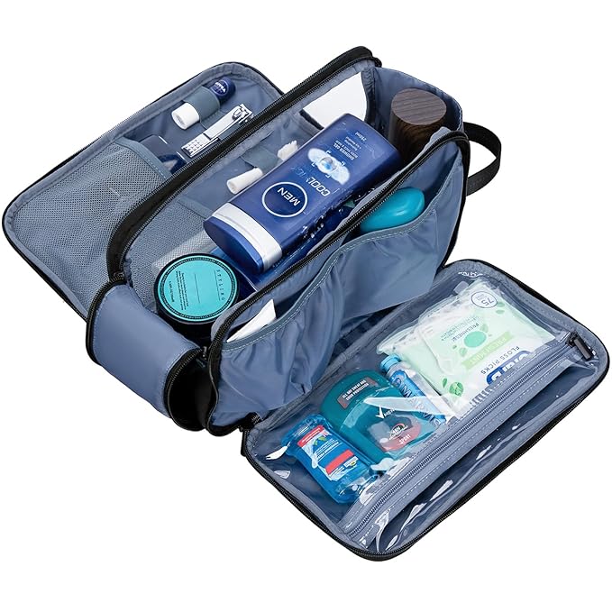 ZEEMO Travel Toiletry Bag for Men, Large Water-Resistant Double-Sided Full-Open Dopp Kit, Versatile Organizer for Shower and Hygiene Accessories, Bathroom Essentials, Cosmetics, Black and Blue