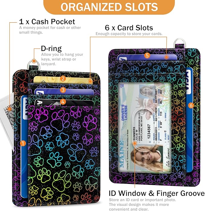 Yonlevres Dog Paw Credit Card Holder Slim Wallet, RFID Wallet Women Front Pocket Wristlet Lanyard, Small Card Holder Travel Funny Cute Thin Card Case ID Window PU Leather Card Organizer Gifts Girls