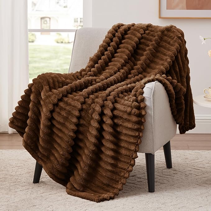 EXQ Home Fleece Throw Blanket for Couch or Bed - 3D Stripe Jacquard Decorative Blankets - Cozy Soft Lightweight Fuzzy Flannel Blanket Suitable for All Seasons(50"×60",Brown)