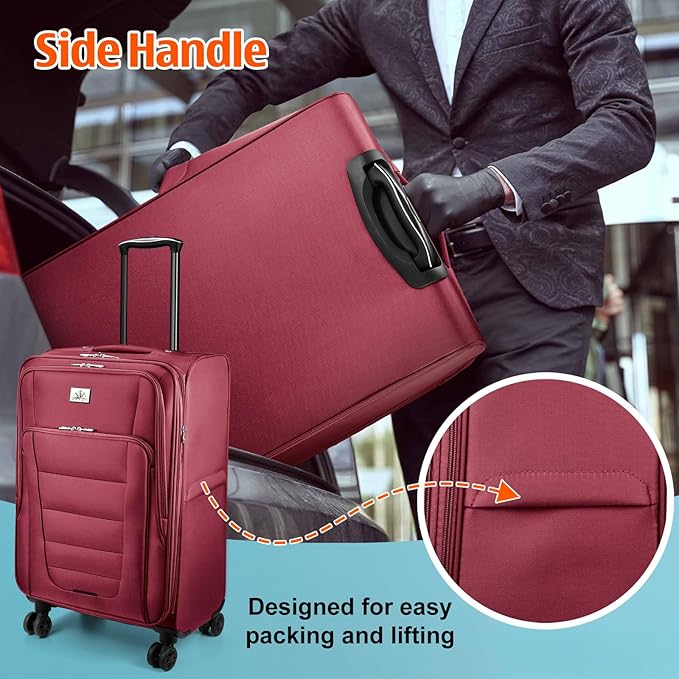Verdi Luggage Set 3-Piece Suitcase with Spinner Wheel Softside Expandable, Carry On Luggage with USB Port (Burgundy, 3-Piece set(20/24/28))
